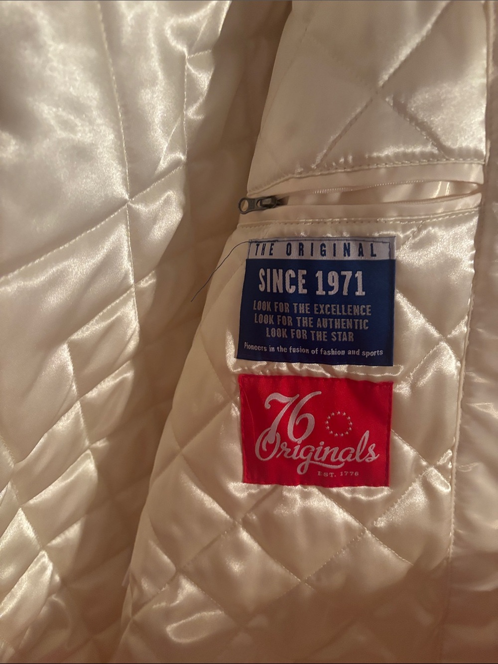 76ers STARTER Cream Satin Varsity Jacket with Red & Blue Accents - Picture 3 of 4